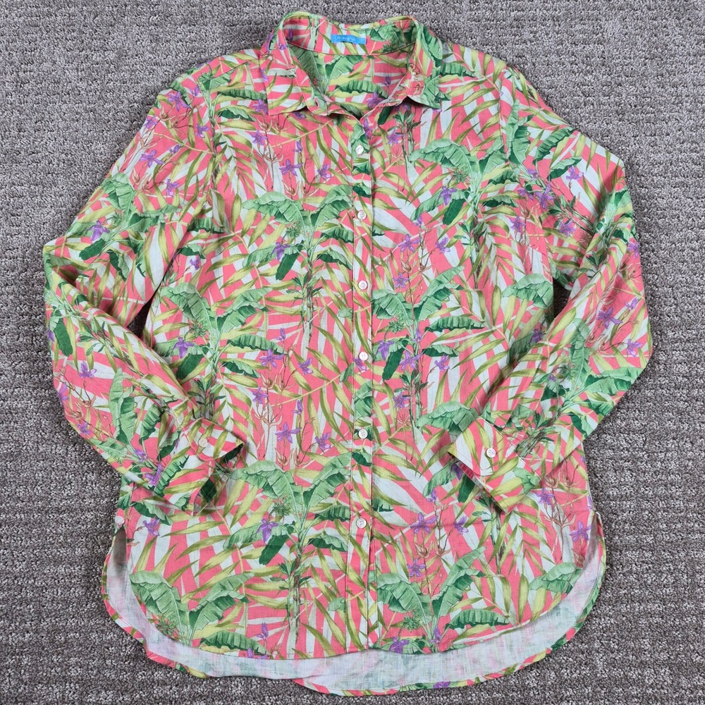 J McLaughlin Britt Linen Shirt Women S Coral Gable Tropical Palm Print Button up